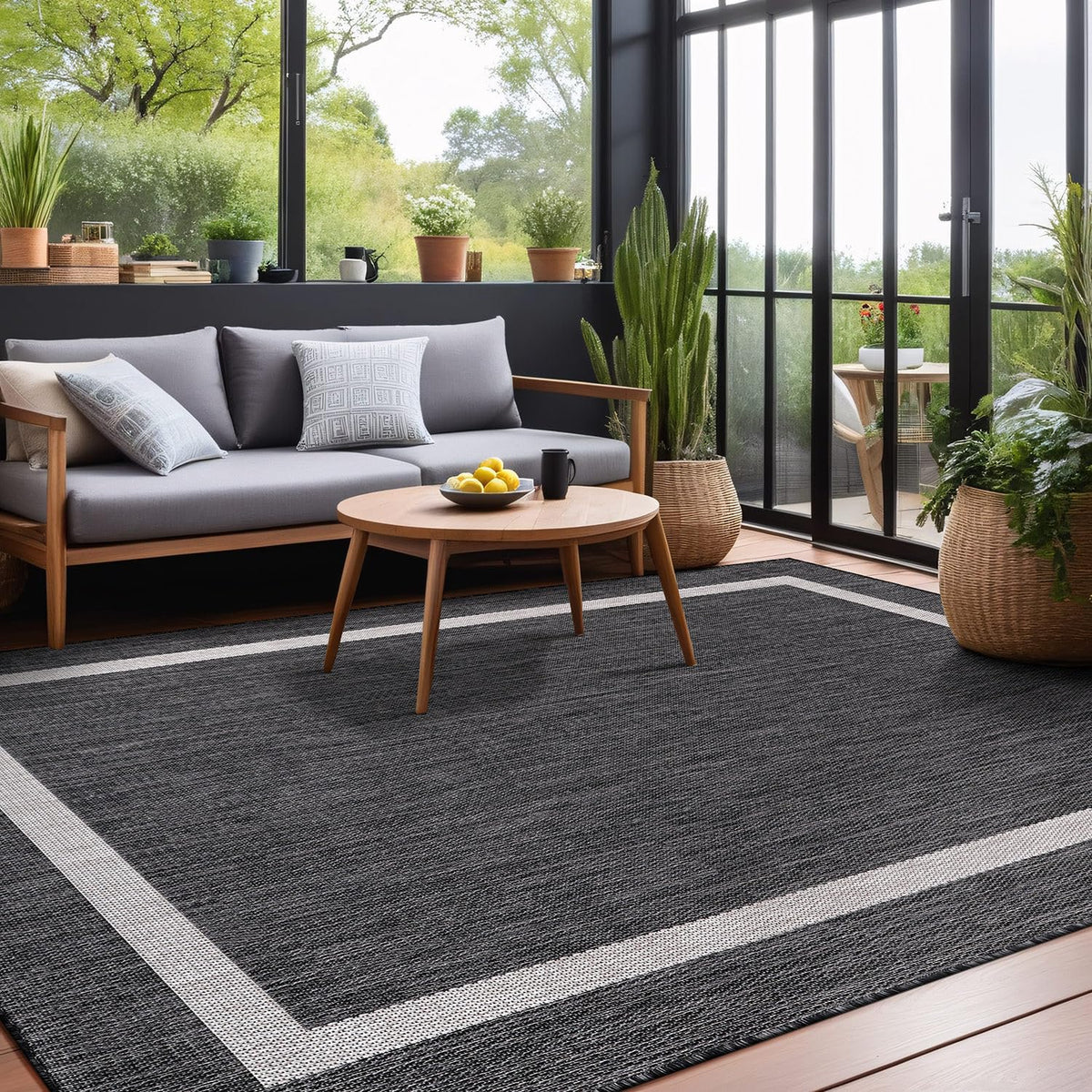 Luul Home Bordered Outdoor Rug 9x12 Washable Outside Carpet for Indoor Patio Porch Waterproof Easy Cleaning Non Shedding Area Rugs Gray 9 x 12