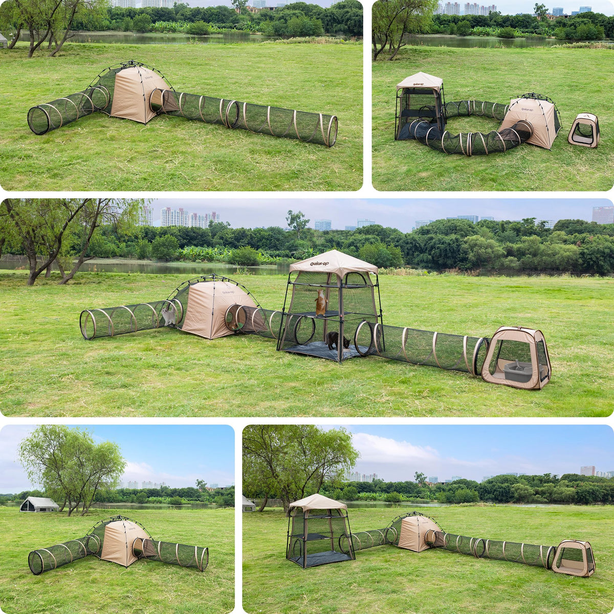 Pop-Up Cat Tent with Pet Bed and 2 Tunnels - Dual Room Kitty Hideaway for Playing & Napping, Scratch-Resistant Mesh, Detachable DIY Interactive Cat Play Set, Portable Indoor Outdoor Cat Cave