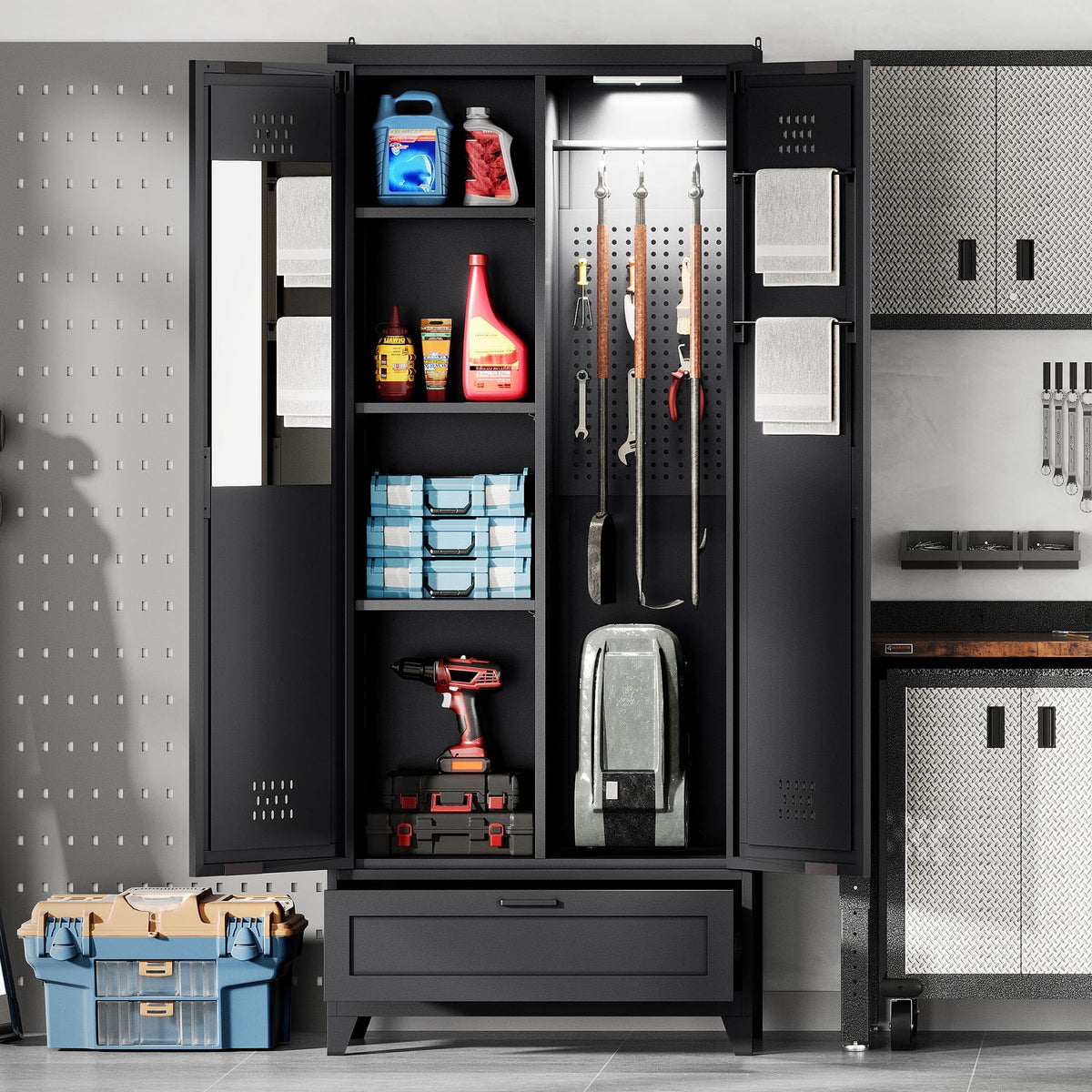 YITAHOME 71" Metal Garage Broom Cabinets with Adjustable Shelves, Vacuum Storage Cabinet with Doors and Drawer, Tool Storage Cabinet for Gym, Basement, Warehouse, Black