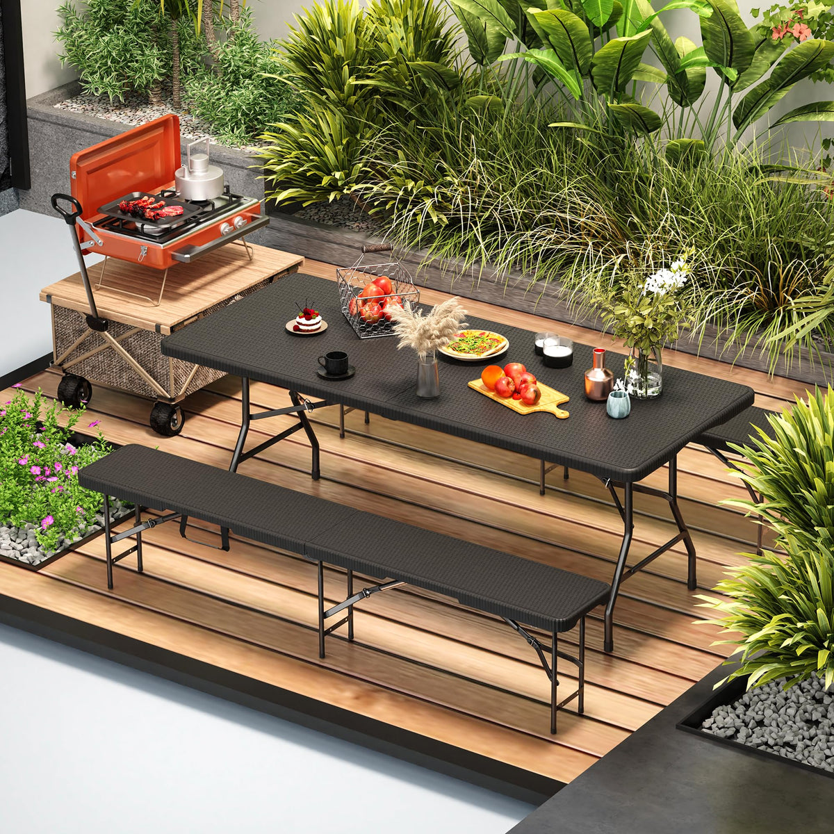 VSOAEIL 6 Foot Folding Picnic Table Set with 2 Benches, Camping Table Chair Set, HDPE Rattan Pattern Top, 3-Piece Portable Indoor Outdoor Furniture with Safety Locks & Handle for Party Camping, Black