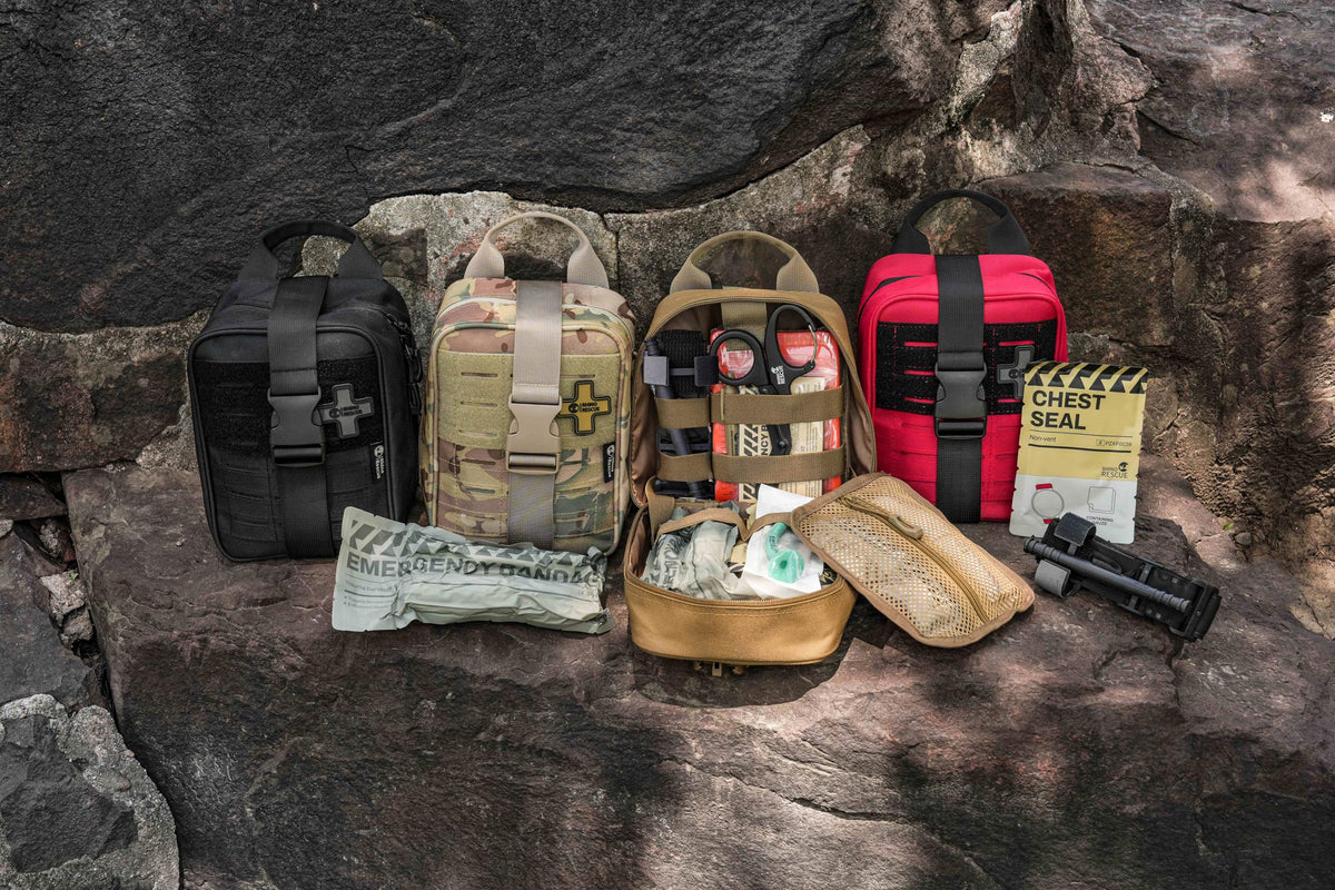 RHINO RESCUE IFAK Trauma Kit with C-A-T Tourniquet, Tactical First Aid Kit Molle Pouch for Military, Combat, Car, Camping, Hiking, Travel (Red)