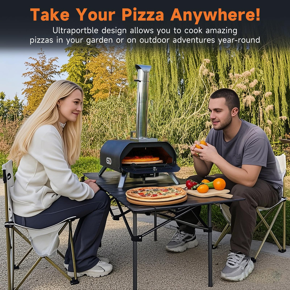 SizzleDelite Outdoor Pizza Oven Wood Pellet 12" Round Pizza Stone, Portable Wood Fired with Built-in Thermometer Pizza Stove, Stainless Steel Pizza Maker for Outside, Backyard, Camping - Black