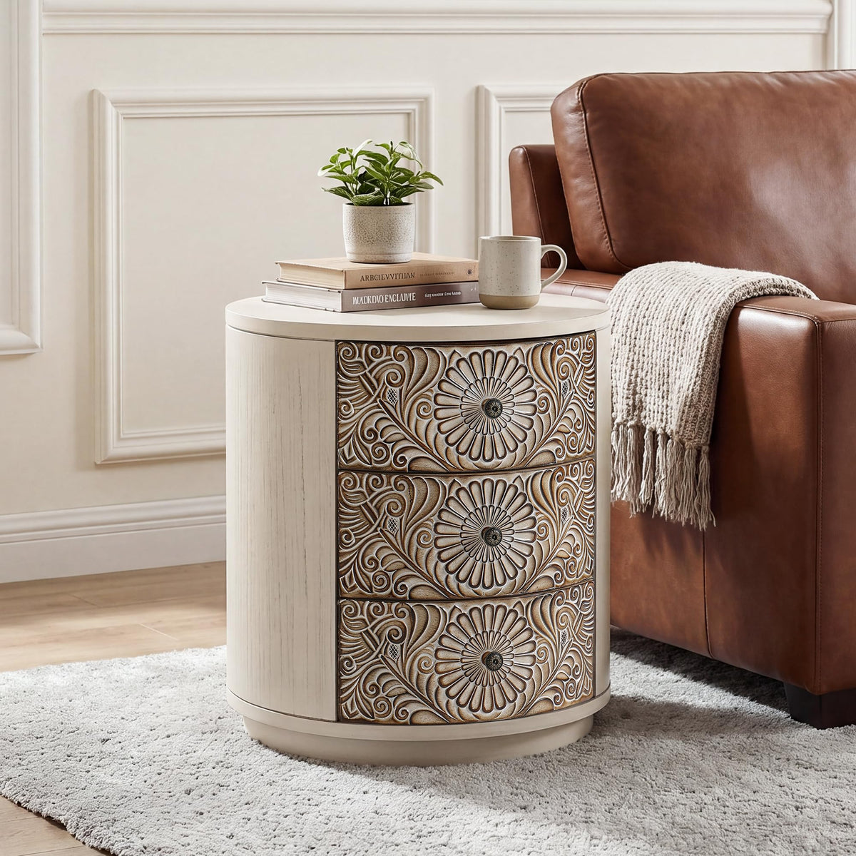 COSIEST 3 Drawer Chest of Drawers, 20 inch MDF Round Storage Cabinet, Retro Whitewash Finish Nightstand, Wood Bedside Table with Drawers for Bedroom Living Room,Light Gray