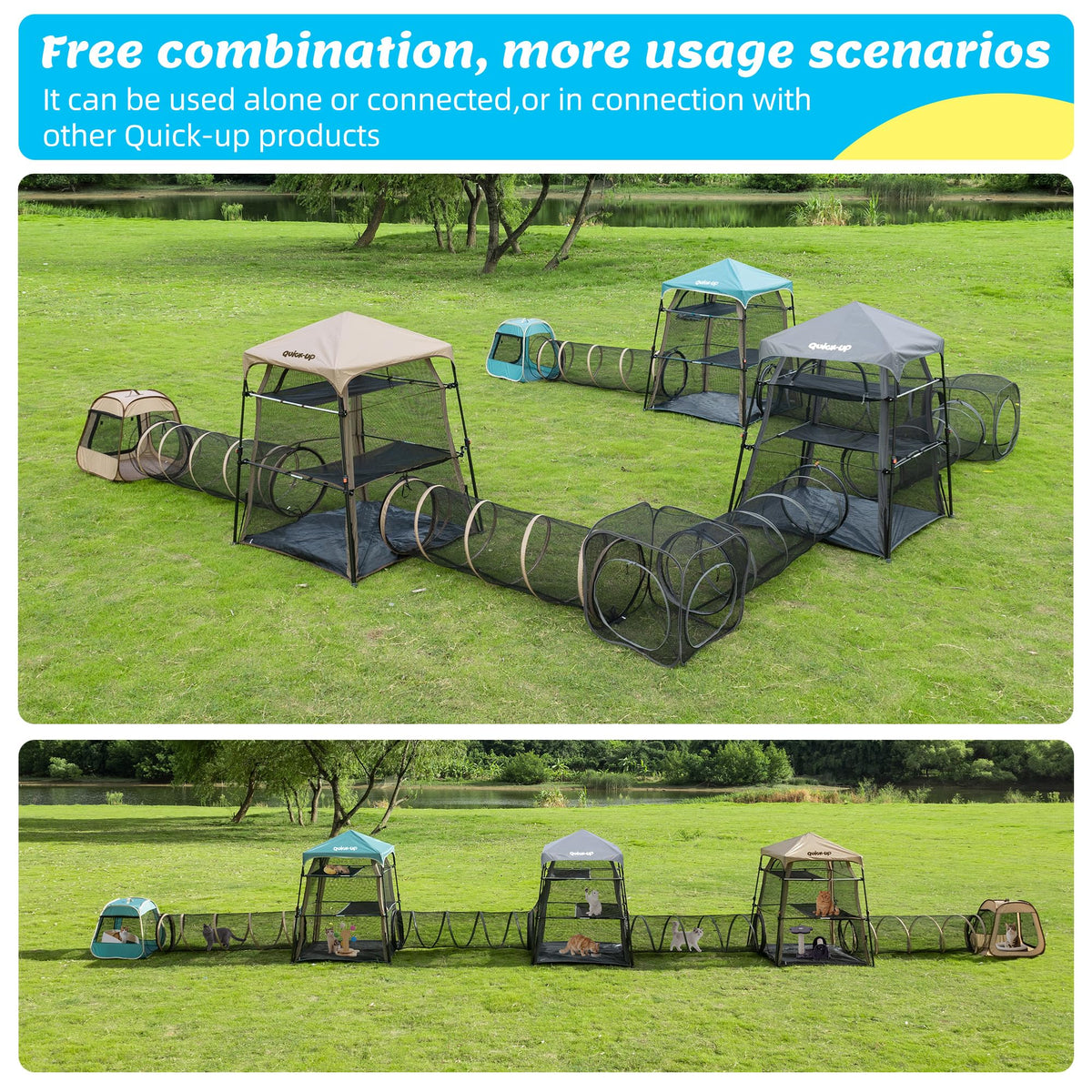 Catio Outdoor Cat Enclosure Combo for Indoor and Outdoor,3 Tier Cage Inside,Outdoor Catio,Portable and Foldable(Includes one cat Tower Tent,one Tunnel and one cage) + cat Tunnel(2 Packs)