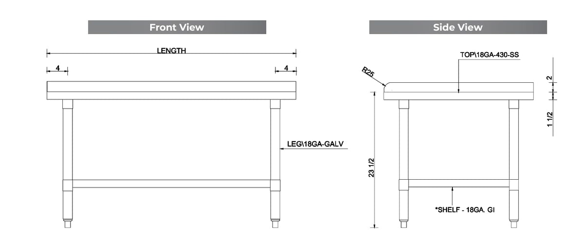 Empura 48" x 30" Stainless Steel Equipment Stand | Commercial Prep Work Table for Kitchen Garage | 2" Backsplash, Galvanized Undershelf Legs, 750 lbs Capacity, 48" W x 30" D x 25.5" H, 18 Gauge, NSF