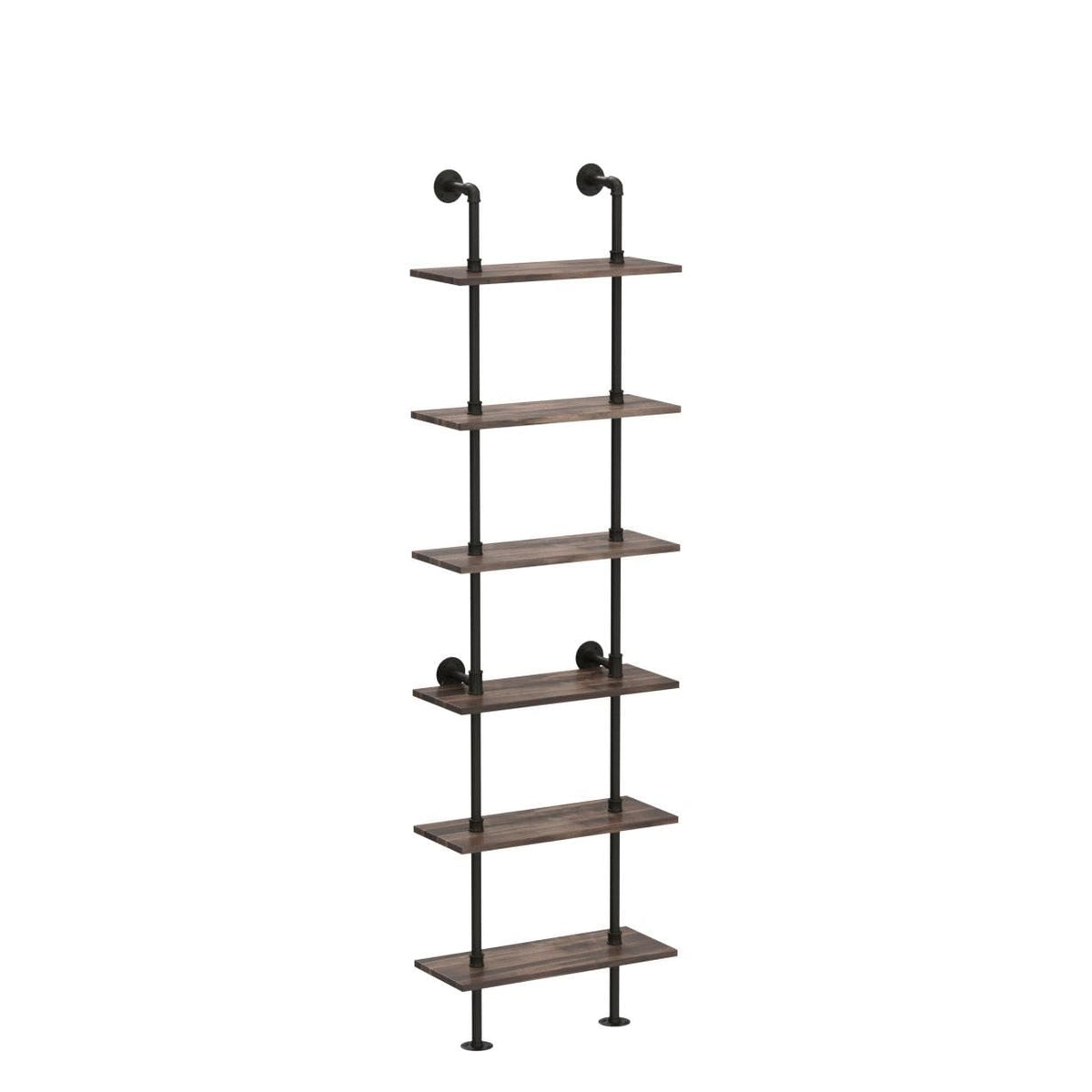 HOMBAZAAR Industrial Pipe Bookshelf,6 Tier Pipe Shelving,Wall Mounted Ladder Shelves with Metal Frame for Home Office,Living Room,Oak Brown