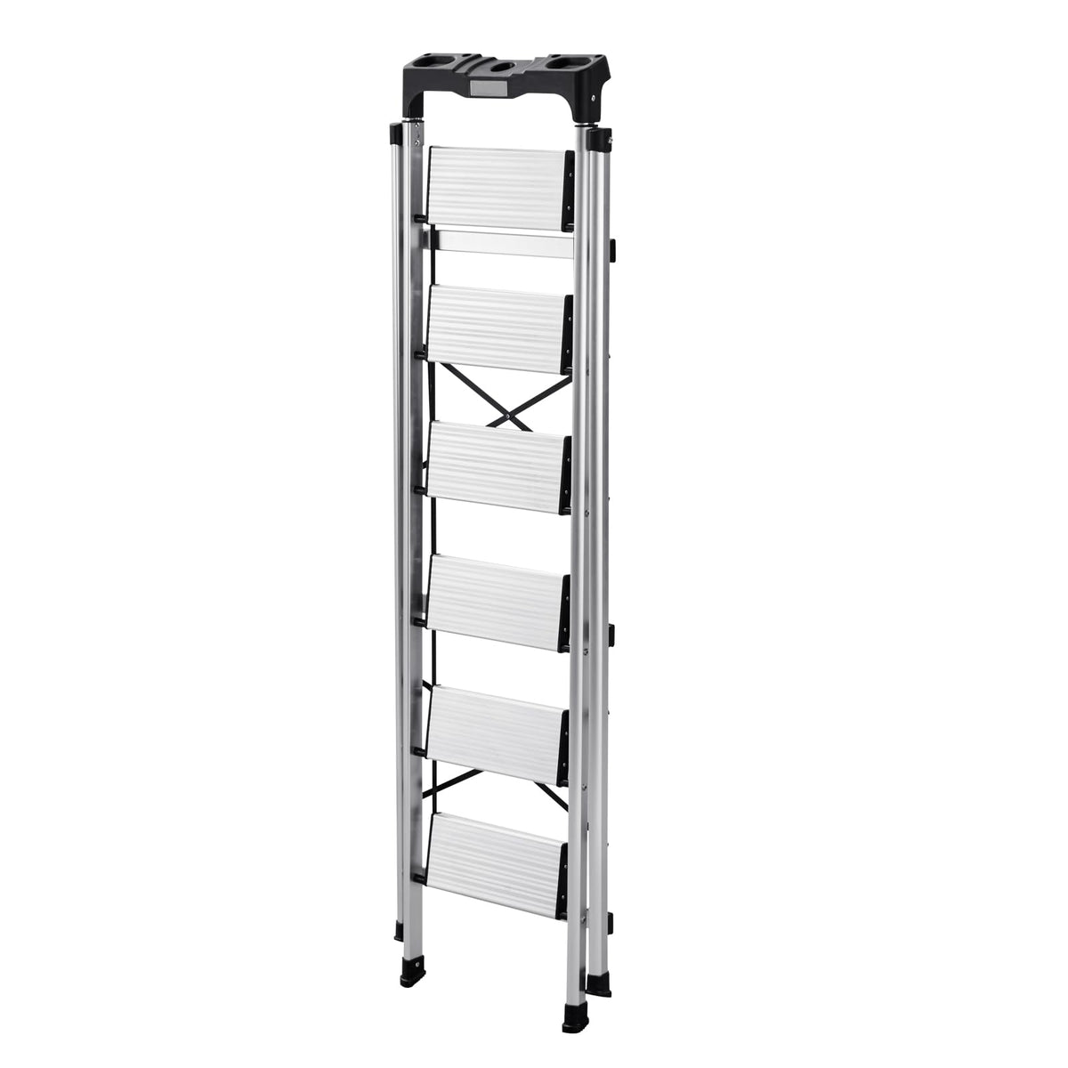 VEVOR 6 Step Ladder, Folding Step Stool with Wide Anti-Slip Pedal and Comfort Handgrip, 330 lbs Capacity Portable Aluminum Stepladder, Multi-Use for Kitchen, Warehouse, Household and Office, Silver