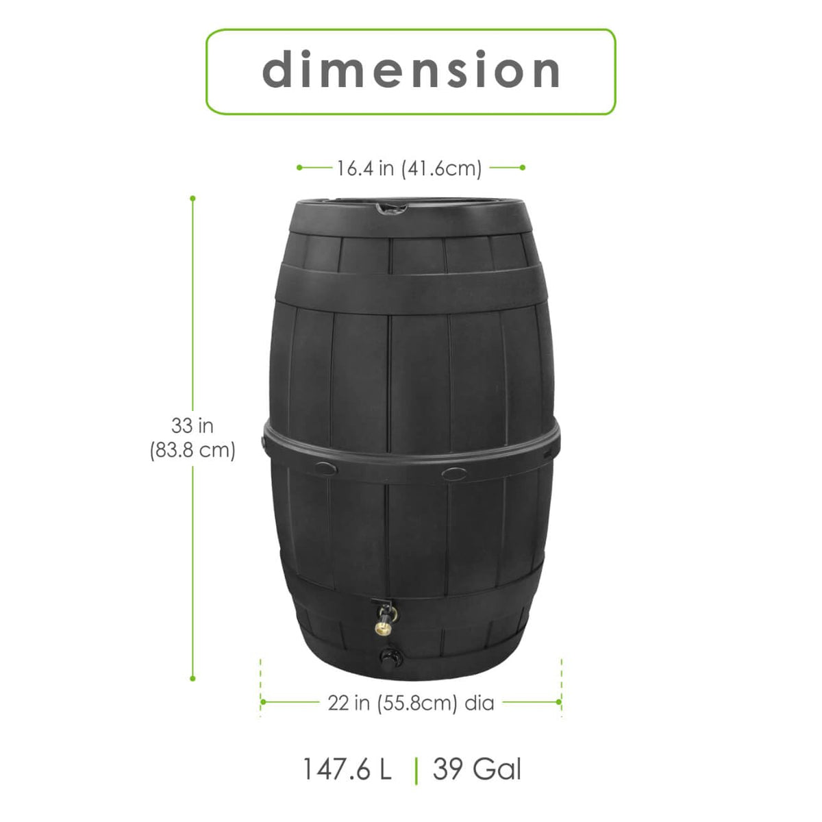 Garden Central 39-Gallon Knock Down Rain Barrel with Brass Spigot, Black – Plastic Outdoor Water Collection Container with Planter Top – Irrigation Supply for Gardening, Lawn & Landscaping