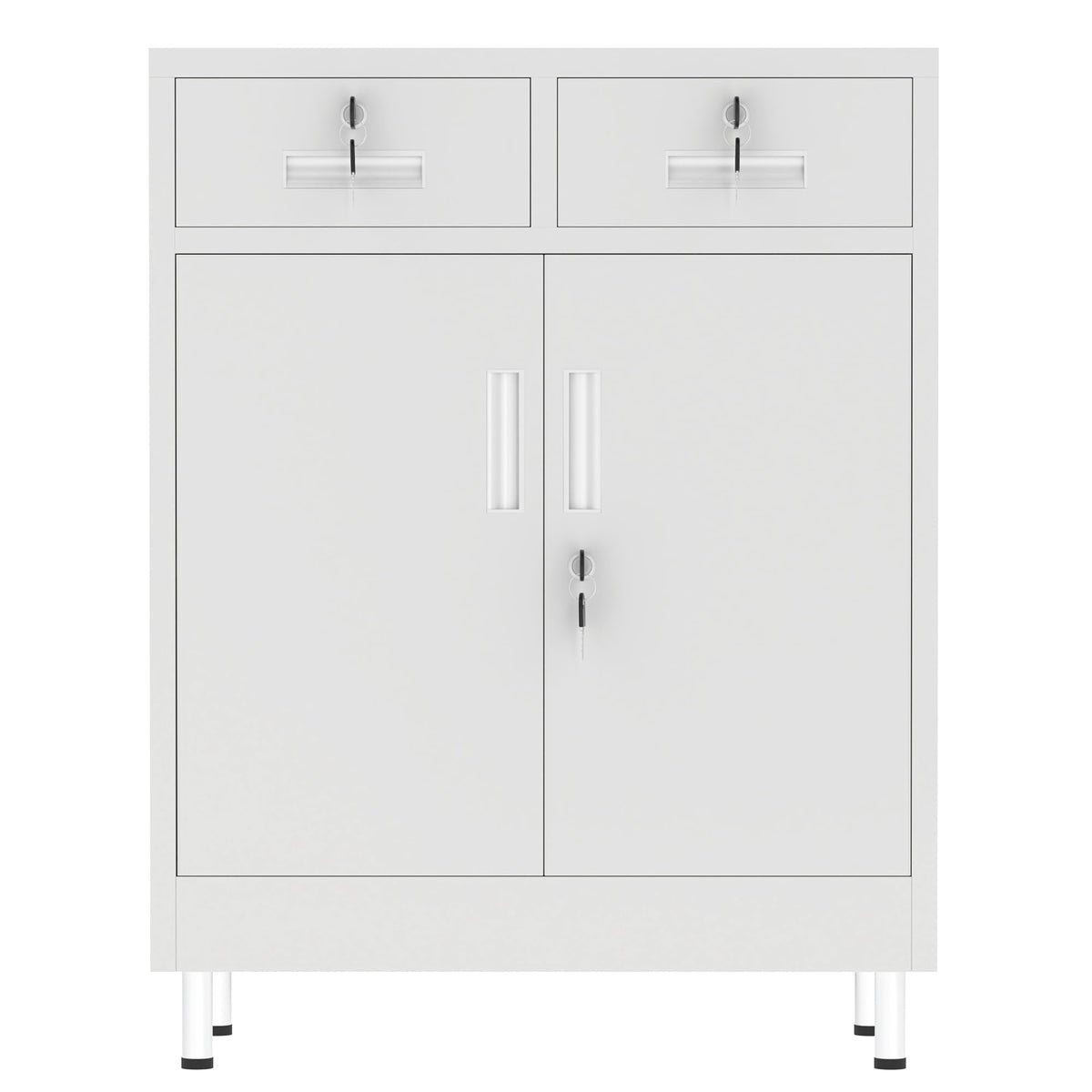 JINGUR Metal Storage Cabinet with Locking Doors and 2 Drawers, Lockable Storage Cabinet with Adjustable Shelf for Home Office Garage Entryway Pantry (White)