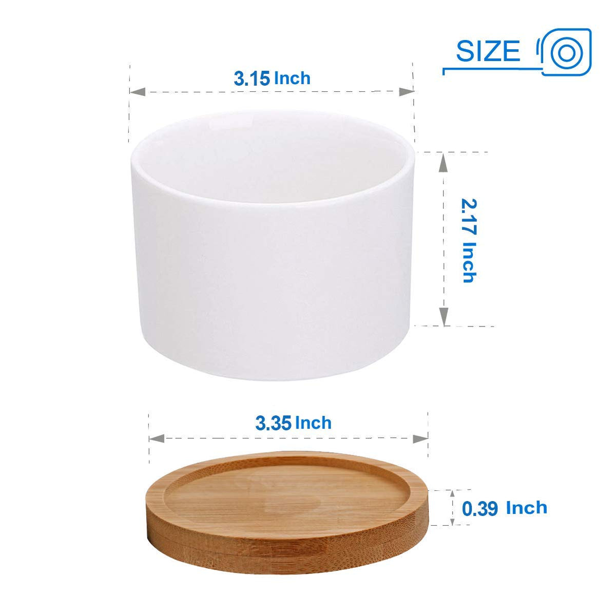 ZOUTOG Succulent Pots, White Mini 3.15 inch Ceramic Flower Planter Pot with Bamboo Tray, 6 inch Ceramic Planters for Indoor Plants, Plants Not Included