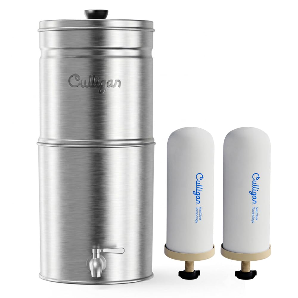 Culligan MaxClear 2.25 Gallon Gravity Water Filter System, Brushed Stainless-Steel Countertop Water Filter NSF/ANSI Certified to Reduce Microplastics, Lead & Total PFAS, with 2 Ceramic Filters