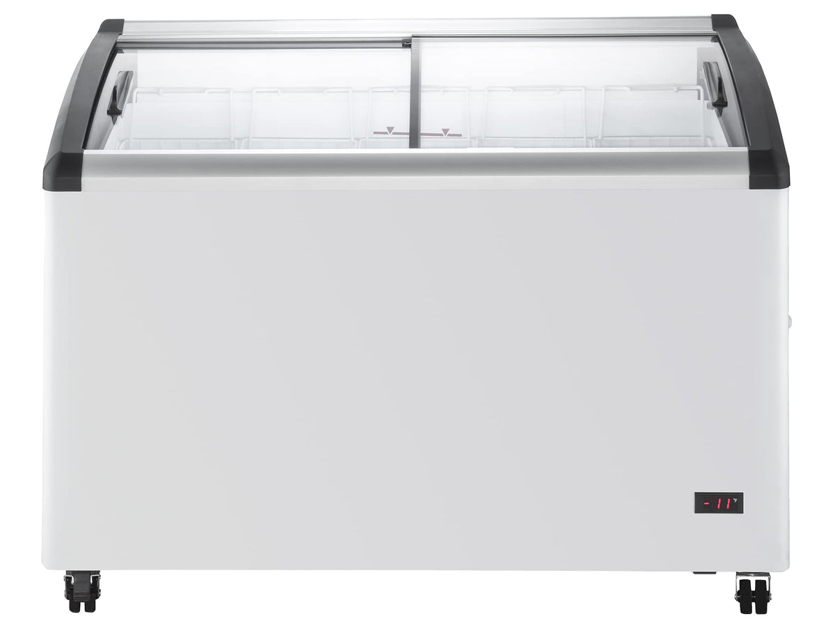Duura Commercial Mobile Ice Cream Display Chest Freezer Sub Zero Temp Curved Glass Top Frost Free Lid with 5 Wire Baskets, 47.4 Inch Wide 12.8 Cubic Feet, White