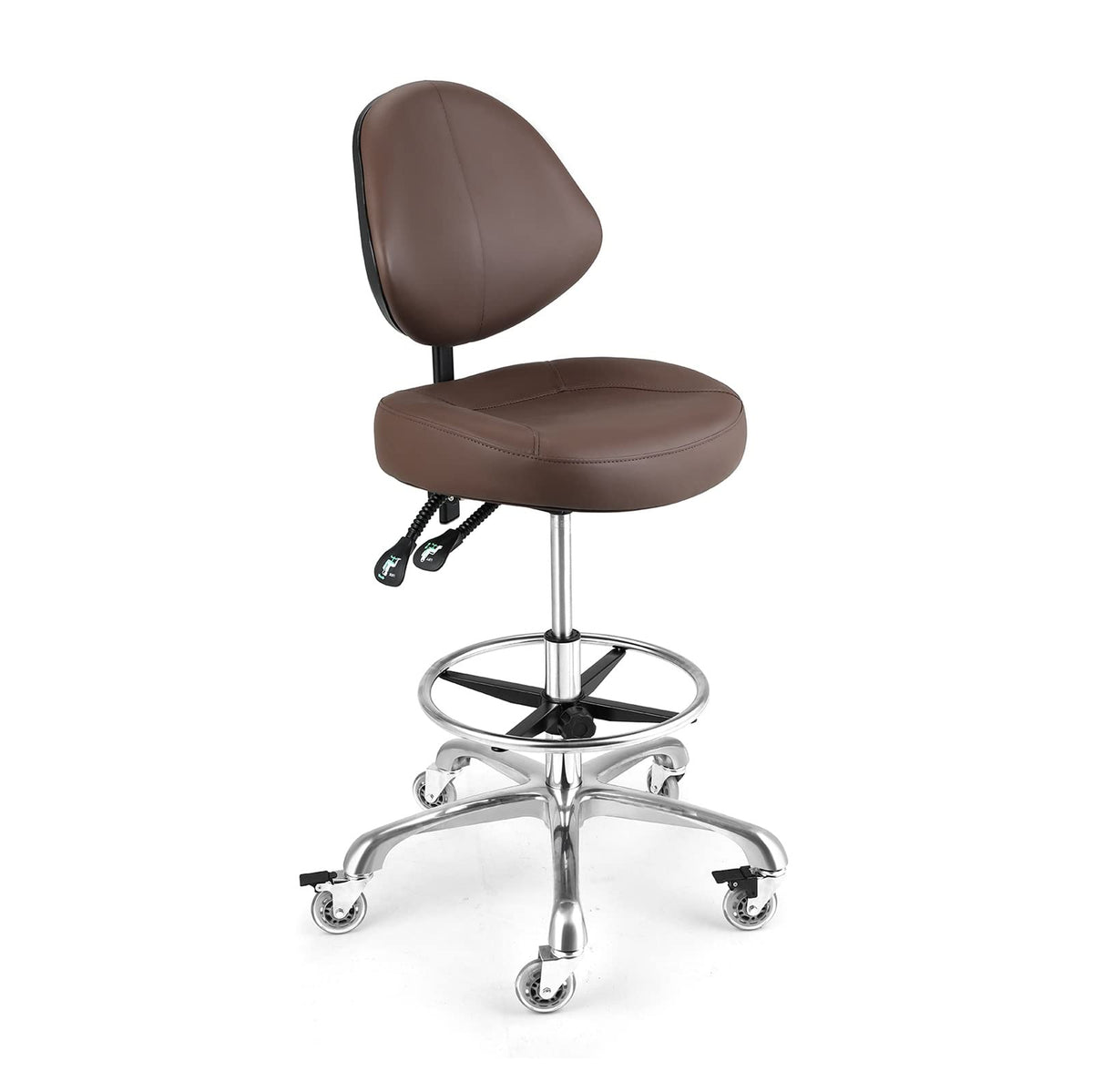 McDooFly Rolling Drafting Chair with Back Support - Tall Office Chair for Standing Desk Adjustable Foot Ring Swivel Rolling Stools for Workshop Art Studio Salon Shop Counter Home Office (Brown)