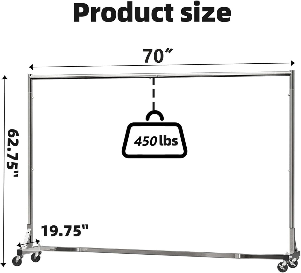 Simple Trending Industrial Grade Z Base 70in extra long Clothes Garment Rack, Commercial Grade Rolling Clothing Rack, Heavy Duty 450lb Load with Wheels, Chrome