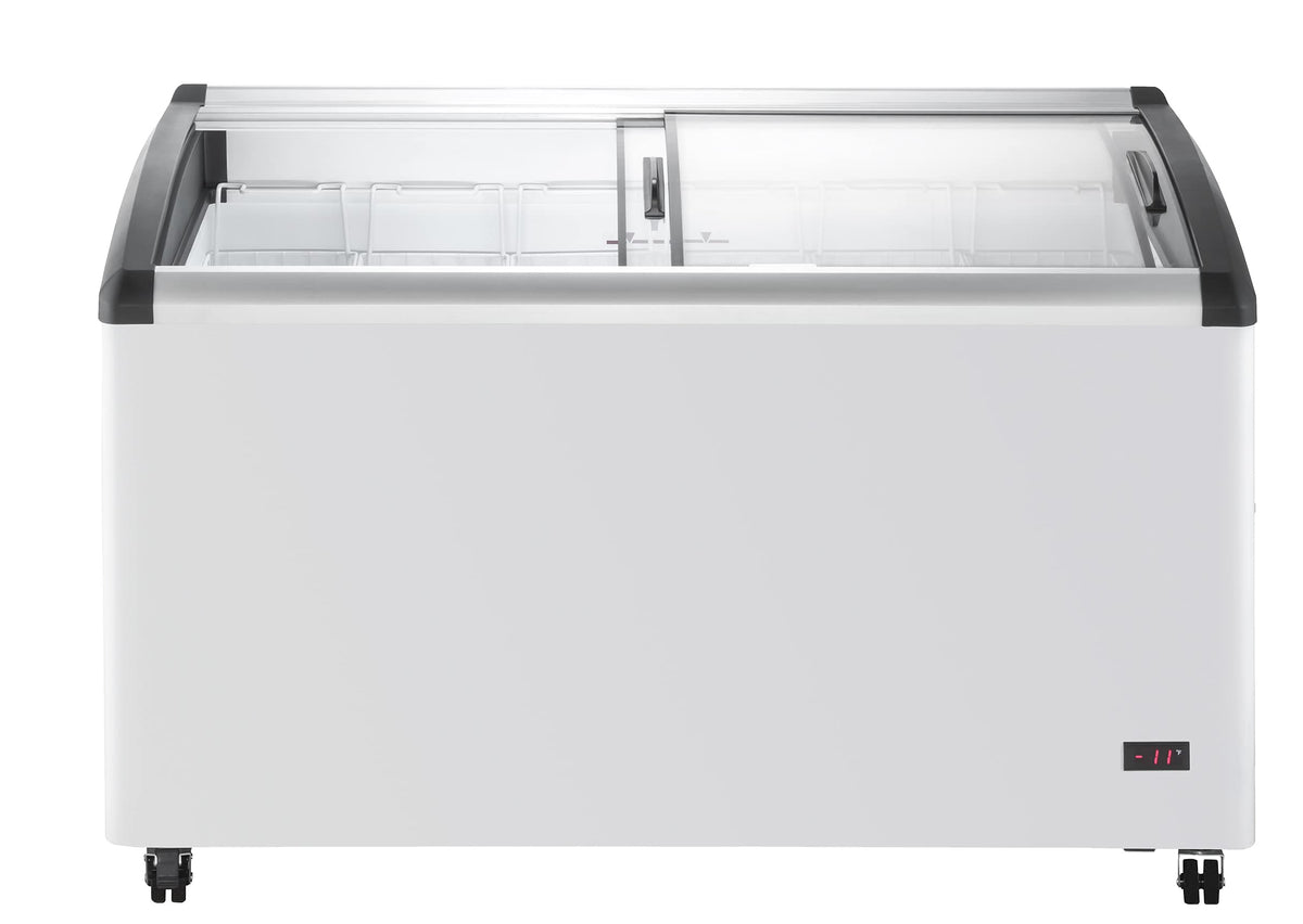 Duura Commercial Mobile Ice Cream Display Chest Freezer Sub Zero Temp Curved Glass Top Frost Free Lid with 6 Wire Baskets, 53.2 Inch Wide 15.2 Cubic Feet, White