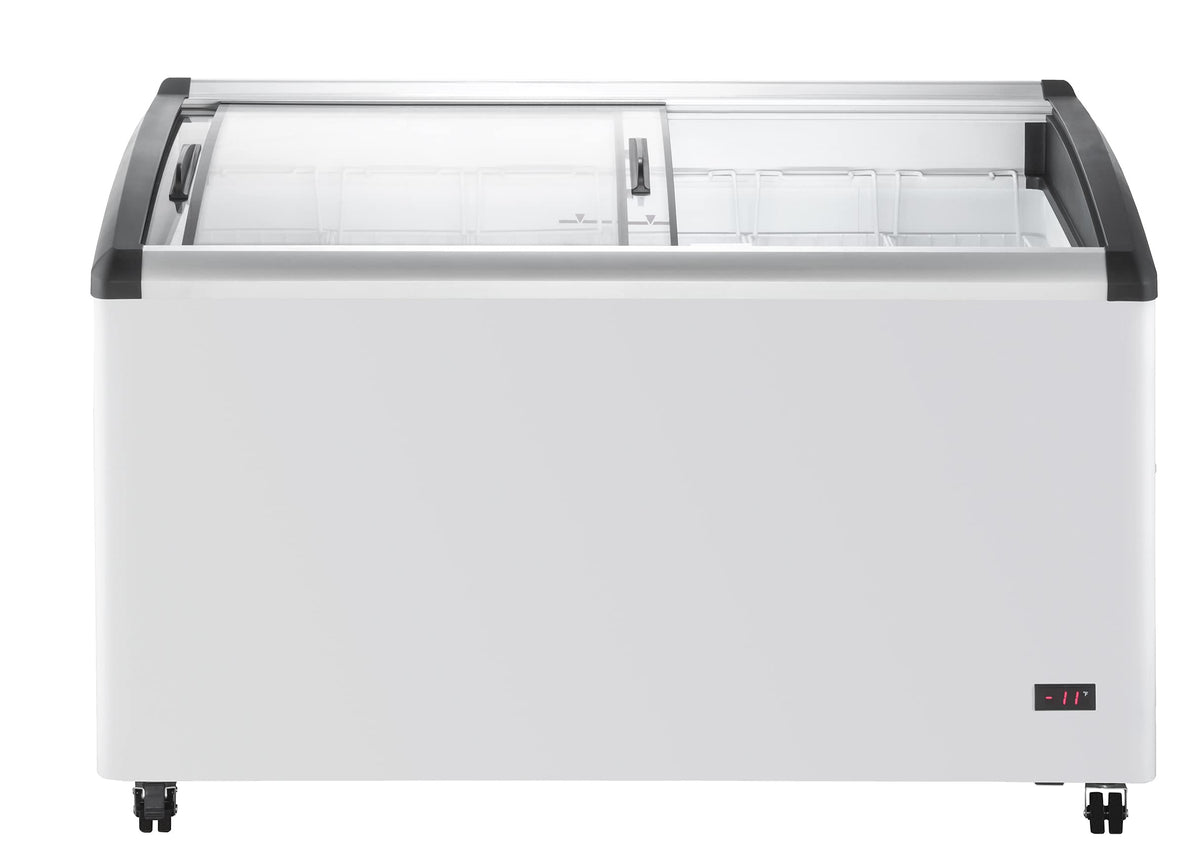 Duura Commercial Mobile Ice Cream Display Chest Freezer Sub Zero Temp Curved Glass Top Frost Free Lid with 6 Wire Baskets, 53.2 Inch Wide 15.2 Cubic Feet, White
