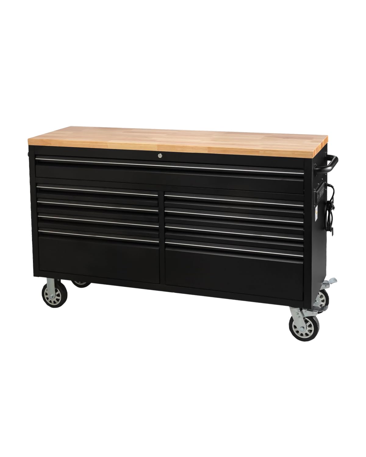 61" Rolling Tool Chest with 9 Drawers - Heavy-Duty Steel & Rubber Wood Workbench on Wheels, Garage Workbench with Key Locking System, Drawer Liners for Warehouse Repair Shop, Matte Black