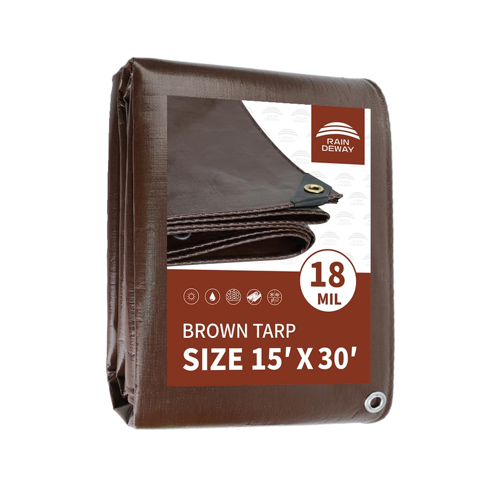 RAINDEWAY 15x30 Feet Super Heavy Duty 18 Mil Brown Poly Tarp Cover, UV Resistant, Weatherproof, Multipurpose Waterproof Poly Tarp with Grommets and Reinforced Edges