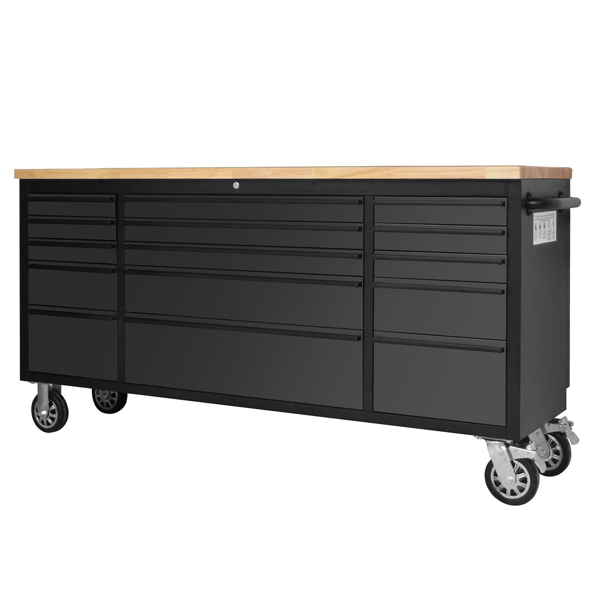 GarveeTech 72 Inch Heavy-Duty Rolling Tool Chest & Mobile Workbench with 15 Drawers, Rubber Wood Tabletop, Locking System, Drawer Liners and Wheels, Steel Storage Cabinet for Garage, Workshop, Black