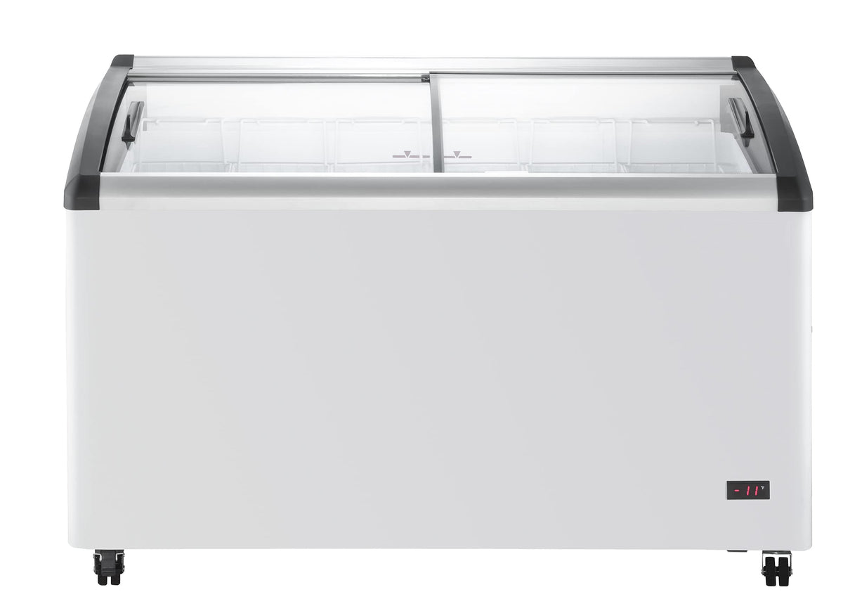 Duura Commercial Mobile Ice Cream Display Chest Freezer Sub Zero Temp Curved Glass Top Frost Free Lid with 6 Wire Baskets, 53.2 Inch Wide 15.2 Cubic Feet, White