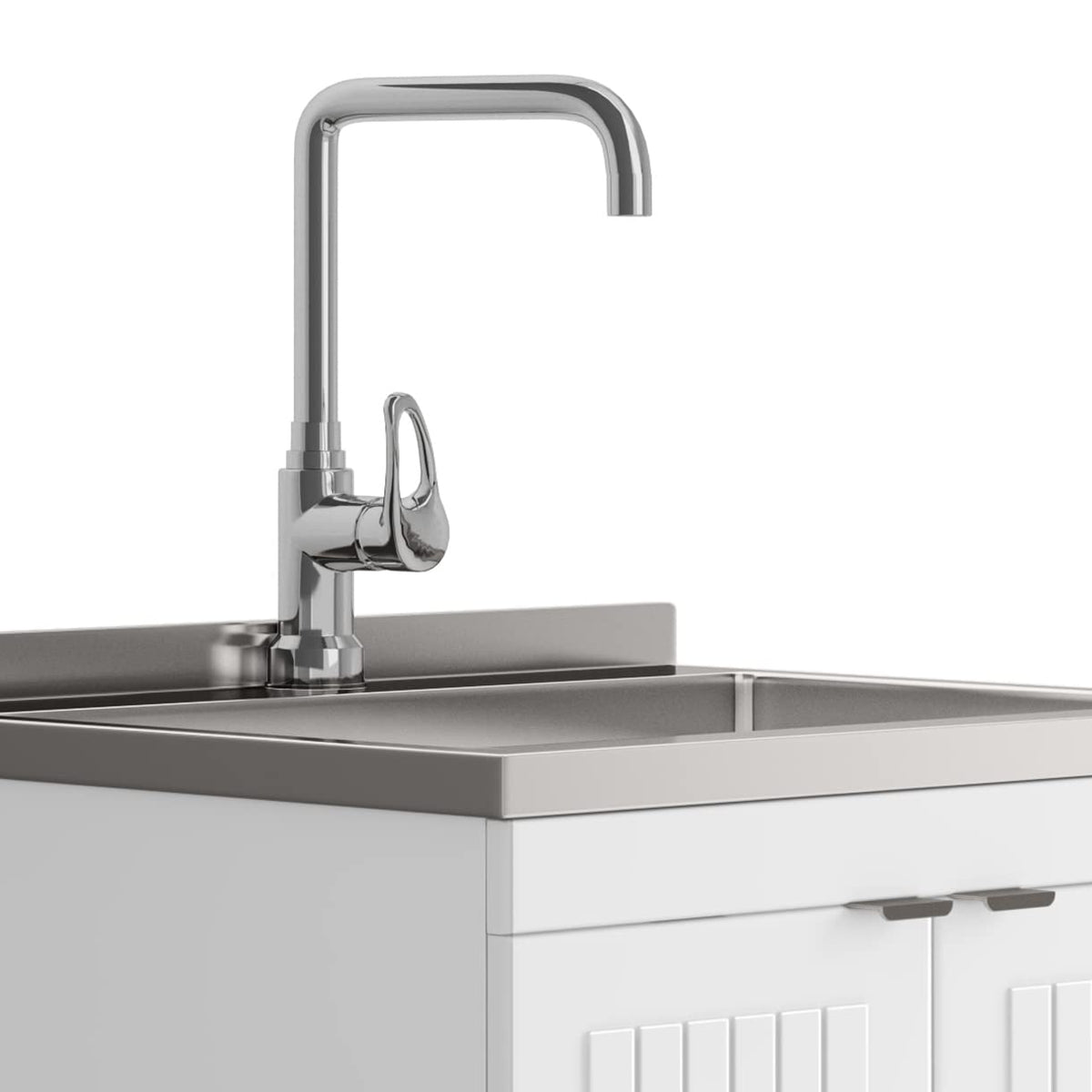 SIMPLIHOME Murphy All-in-One 24 inch Wide Utility Sink and Laundry Cabinet in Pure White Finish, Transitional Stainless Steel Sink Cabinet for Laundry Rooms with High-Arch Chrome Faucet and Storage