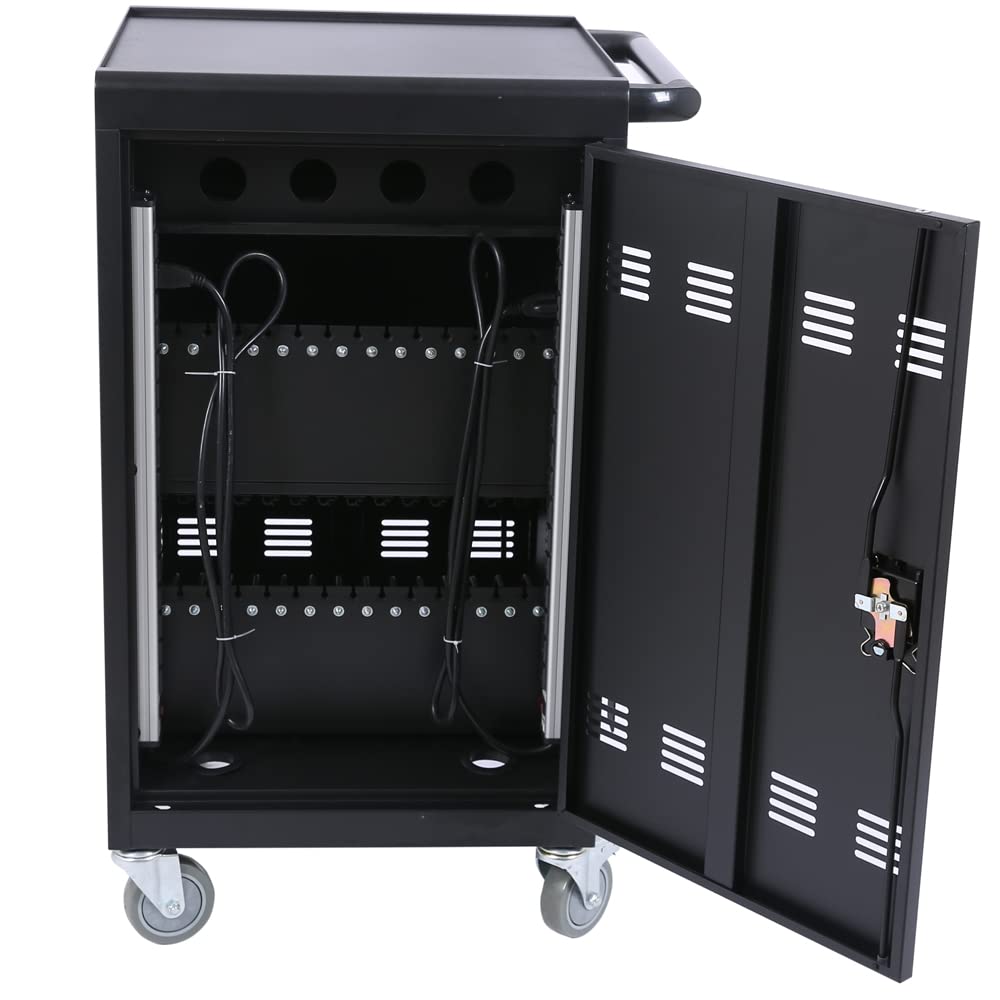 30 Device Mobile Charging Cart, Laptop Charging Cabinet, Mobile Cart, Locking Front and Rear Doors, Surge Protection, Easy Cable Management, Screen Size Up to 16.3 Inch for Classroom, Office Black