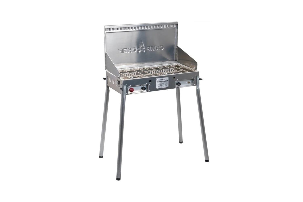 Camp Chef Mountaineer 2-Burner Camp Stove - Portable Aluminum Cooktop with 40,000 Total BTUs of Power, Wind Screen & Matchless Ignition