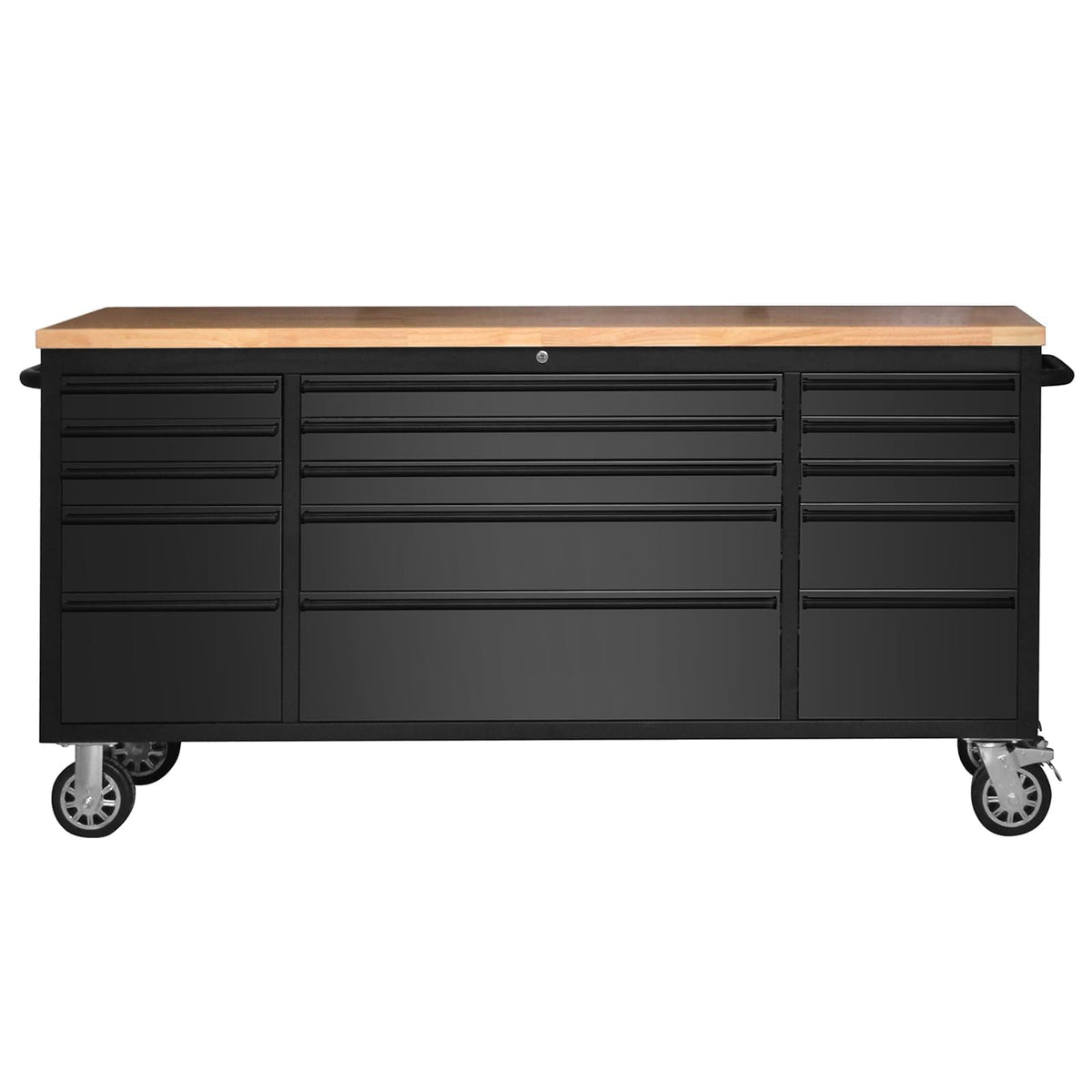 72" Heavy Duty Rolling Tool Chest,Locking Steel Tool Cabinet with 15 Drawers Mobile Workbench with Rubber Wood Work Surface Tool Box with Wheels for Workshop