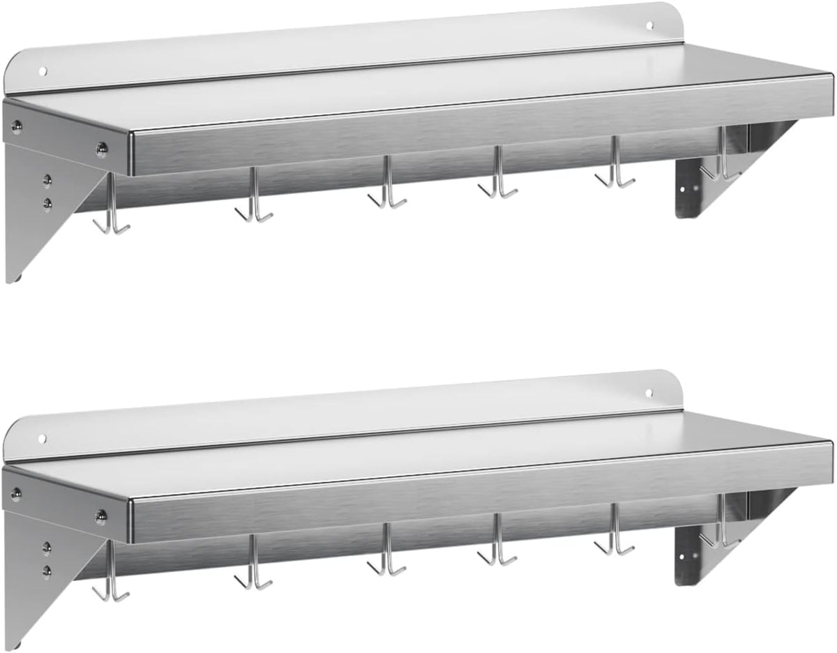 DEXSO 2 Pack Stainless Steel Wall Mount Shelves 12" x 36" NSF Certified with 6 Hooks - Versatile Metal Storage Racks with Backsplash for Organizing Cookware in Home and Kitchen