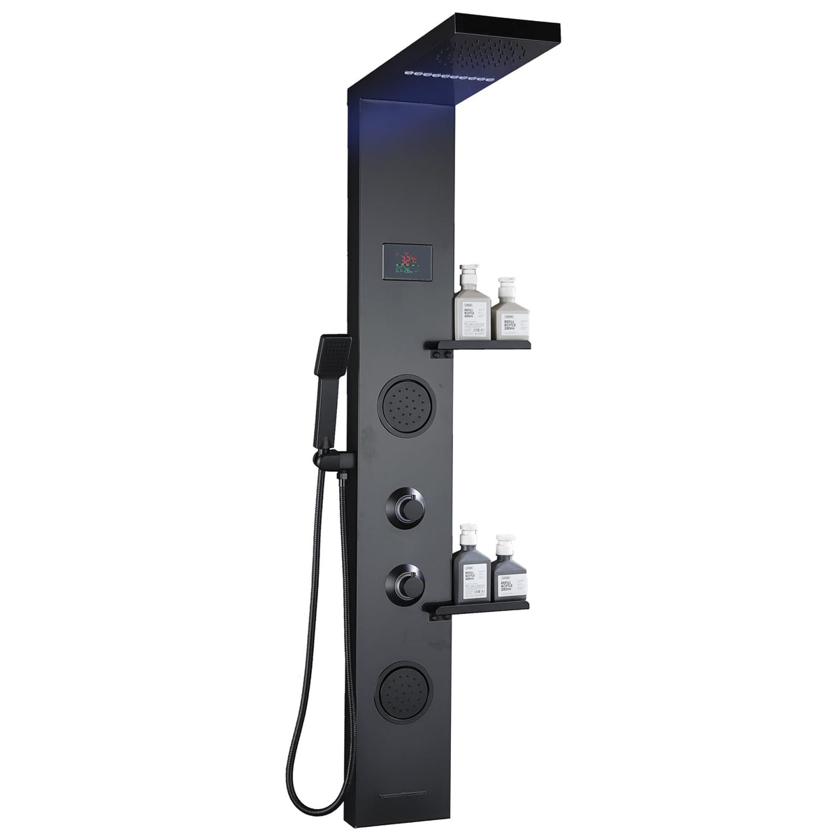 RUITHOE LCD Temperature Display Rainfall Shower Panels Tower System with Storage Shelf, Matte Black LED Light 304 Stainless Steel with Handheld Massage Body Jets Water Waterfall Bathtub