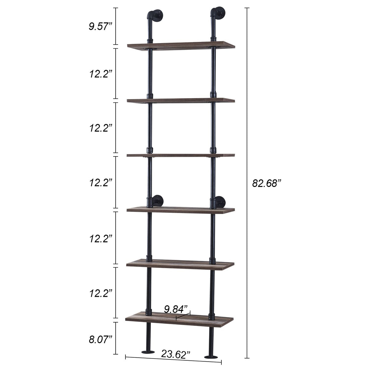 HOMBAZAAR Industrial Pipe Bookshelf,6 Tier Pipe Shelving,Wall Mounted Ladder Shelves with Metal Frame for Home Office,Living Room,Oak Brown
