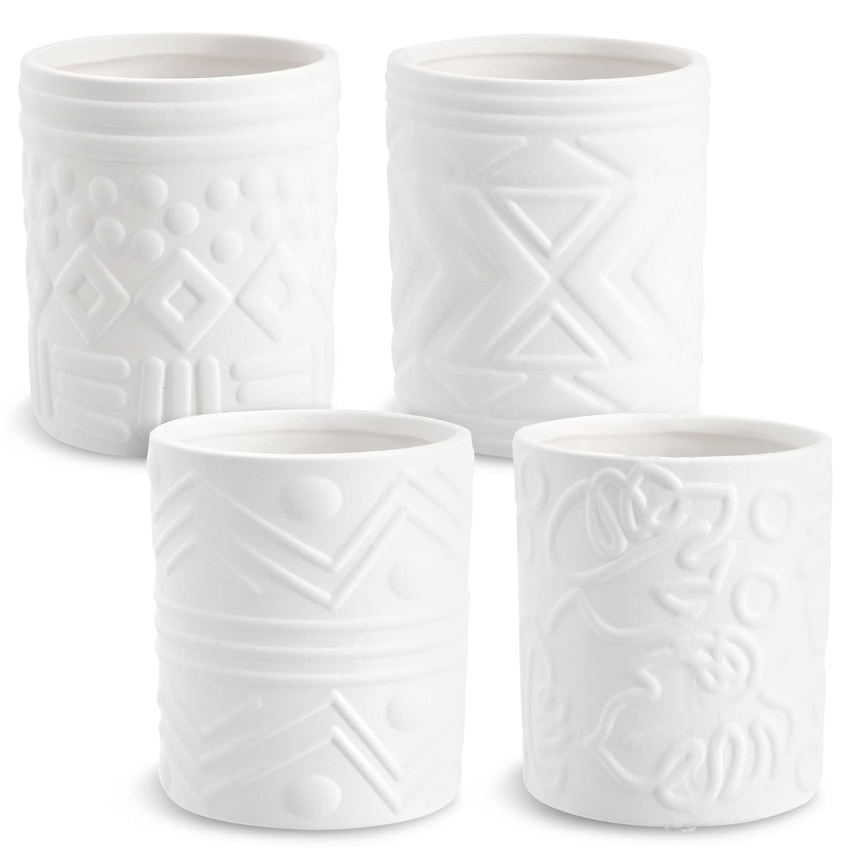 Bright Creations - Themed Designs, Unpainted Flower Pots with Drainage Holes, Rubber Plugs, and Small Sticker Pads (3x3x4 inches, White) - Set of 4