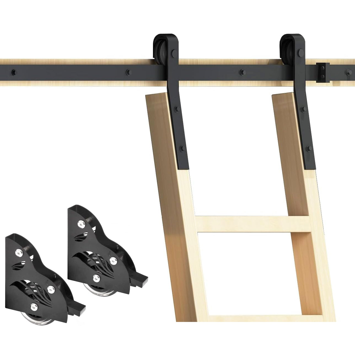 DIYHD 16FT Rustic Black Sliding Library Ladder Hardware,Bottom Wheel with Brake (No Ladder)
