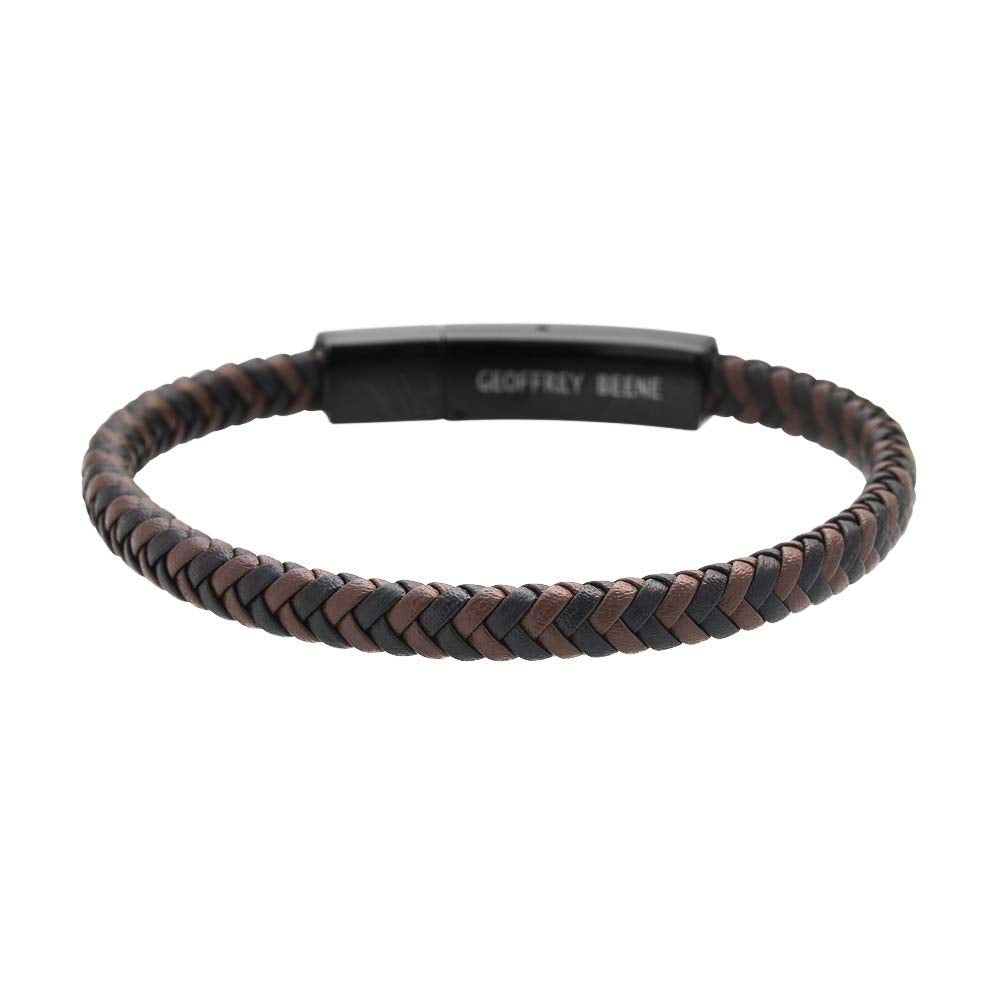 Geoffrey Beene Men's Braided Genuine Leather Fashion Bangle Bracelet with Stainless Steel Clasp (Brown)
