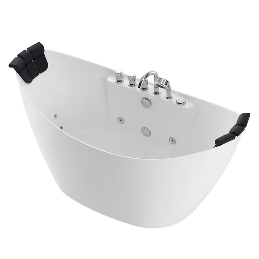 Empava 68 in. Acrylic Freestanding Tub Hydromassage Gracefully Oval Shaped Whirlpool 8 Water Jets Soaking SPA, Double-Ended Massage Bathtub with 2 Black Pillows , White