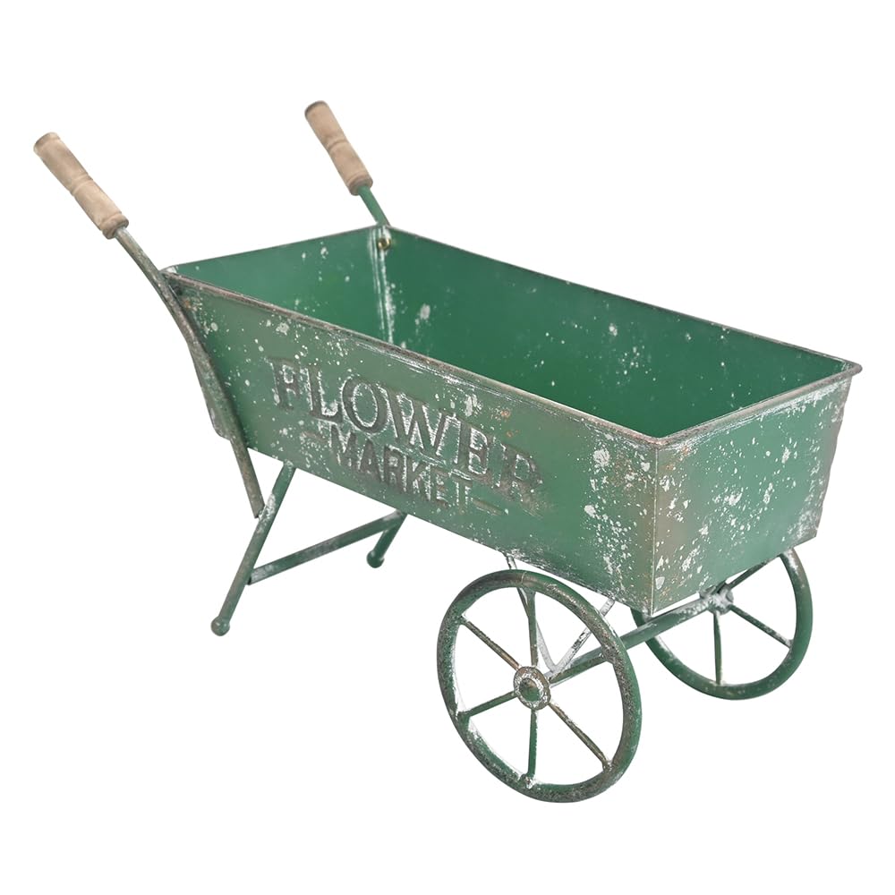Z² BellaDecor 15 Inch Farmhouse Small Flower Cart with Wooden Handles Metal Wagon Planters for Outdoor Plants Decorative Wheelbarrow Plant Cart for Patio Garden Balcony Green