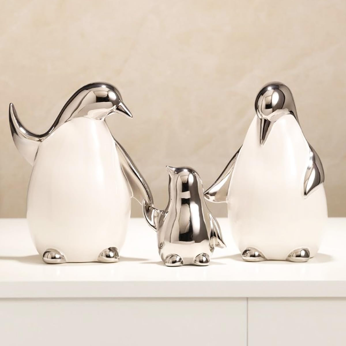 Tuioyoc Set of 3 Ceramic Statues Aesthetic Abstract Penguins Sculpture Cute Modern Home Decor Decorative Statue for Living Room, Bedroom, Office, Table Centerpiece (White Silver)