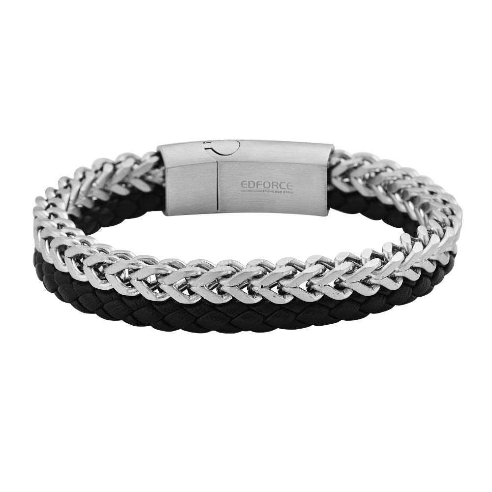 Edforce Stainless Steel Men's Two-Strand Braided Genuine Leather and Franco Curb Chain Bracelet (Silver)
