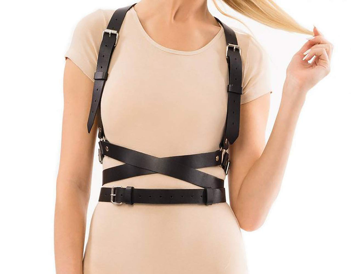 Pinwe Leather Body Chest Straps Punk Harness Caged Waist Belt Gothic Body Chain Strappy Adjustable for Women(PW003)