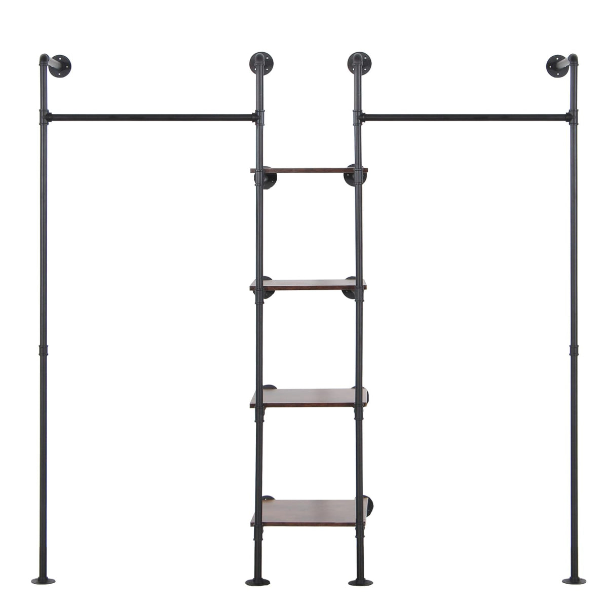 EDCB Wall Mounted Industrial Pipe Heavy Duty Clothes Rack, Clothing Rods for Hanging Clothes, Freestanding Clothing Rack with 2 Hang Rods & 4 Shelves, 72.8" W x 17.7" D x 71" H