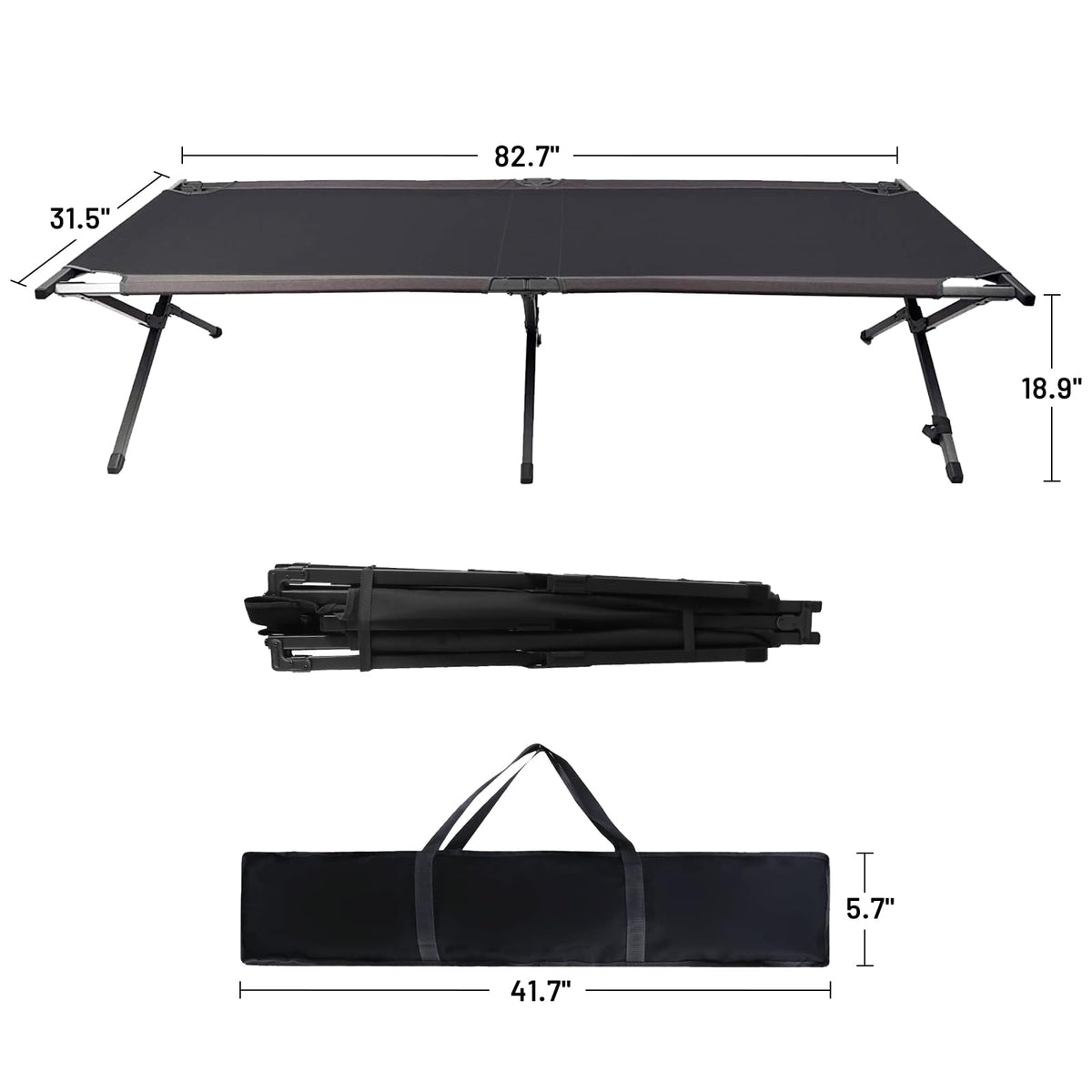 Portal Folding Portable Camping Cot, Guest Bed with Carry Bag and Side Storage Organizer, Camping Cots for Adults Sleeping, Away Tent Sleeping Cot Bed, Supports 300 LBS, Black