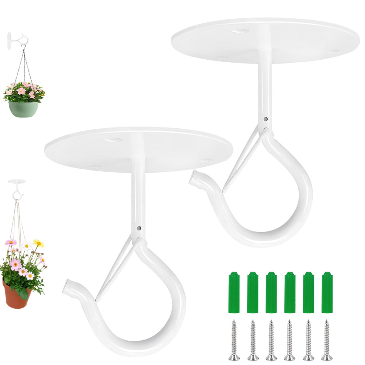 Taeekiy 2 Pcs White Ceilling Hooks for Hanging Plants Holder with Safety Buckle,Ceiling Decor Hook Heavy Duty,Metal Plant Hanger Indoor&Outdoor.Hooks for Hanging Plants,Wind Chime,Bird Feeders (White)