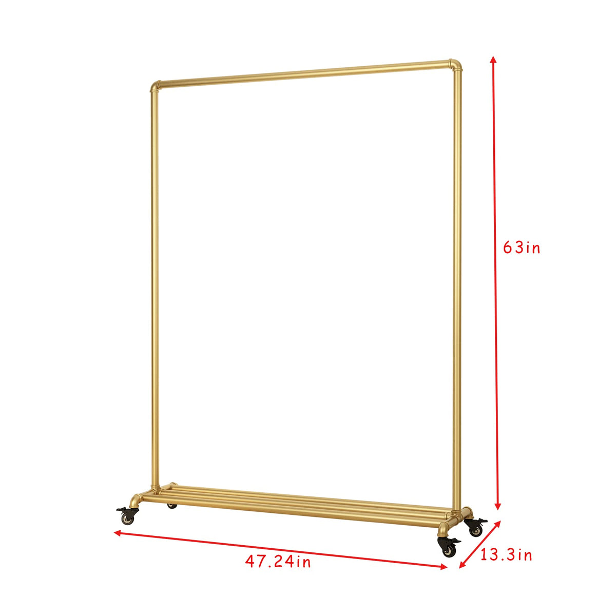 FONECHIN Industrial Gold Clothing Racks on Wheels, Boutique Display Gold Clothes Rack with Shelf, Rolling Garment Rack for Retail Use