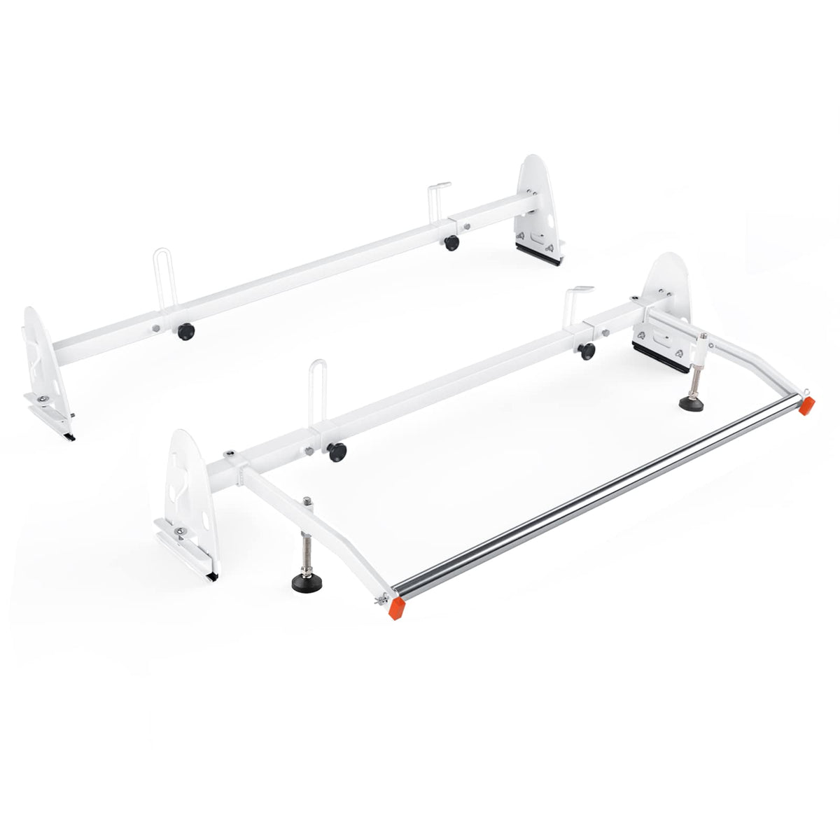 AA-Racks Model RX27 Fullsize Steel Two-Bar Van Ladder Roof Racks with Rear Cargo Roller - White