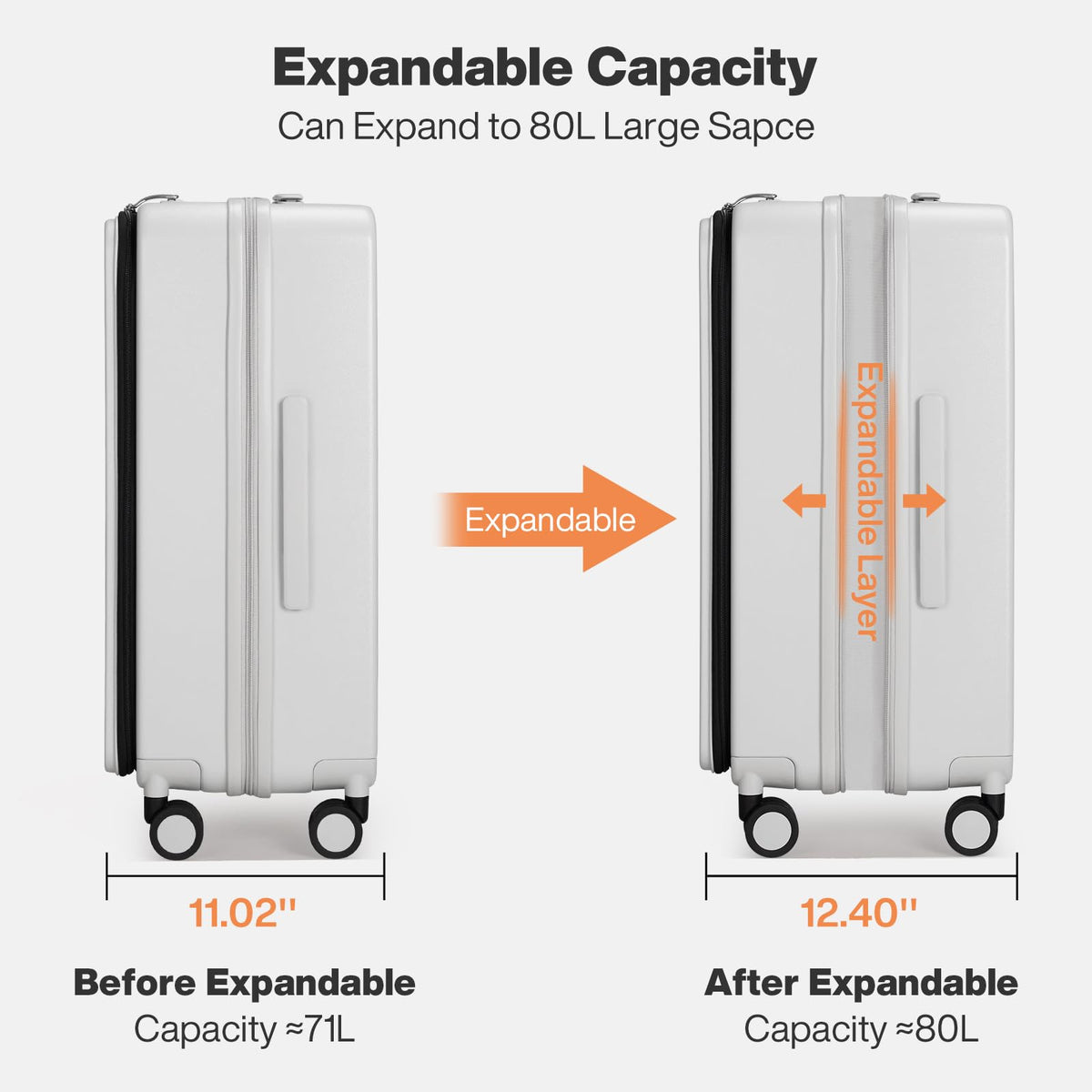 mixi 24 Inch Large Expandable Checked Luggage PC Hard Shell Suitcase Top Opening Rolling Travel Suitcases with Spinner Wheels & TSA Lock, Smoke White