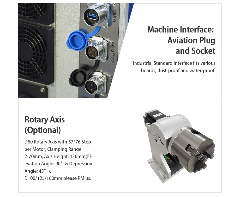100W JPT M7 MOPA Fiber Laser Marking Machine Fiber Laser Engraver 300×300mm with 80mm Rotary Axis and Heightened 800mm Tower Lightburn Compatible Class 1 Laser Output Power 0.39mW