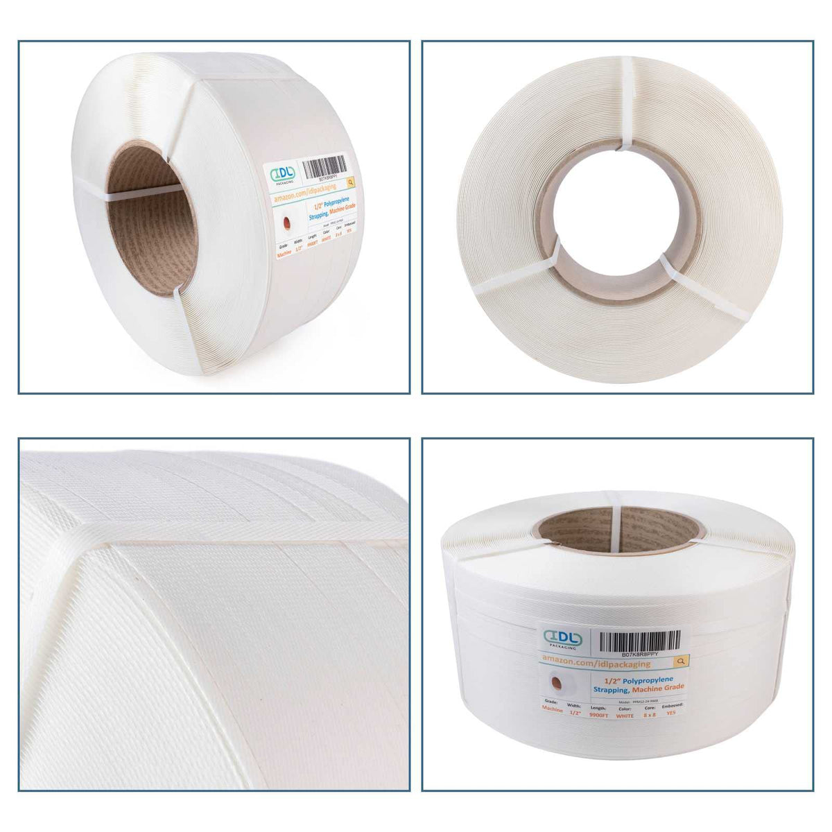 IDL Packaging 1/2" x 9900' Machine Grade Polypropylene (PP) Strapping Roll of 8" x 8" Core Size (350 lbs Break Strength) for Automatic and Semi-Automatic Machines - Lightweight Poly Banding Packaging