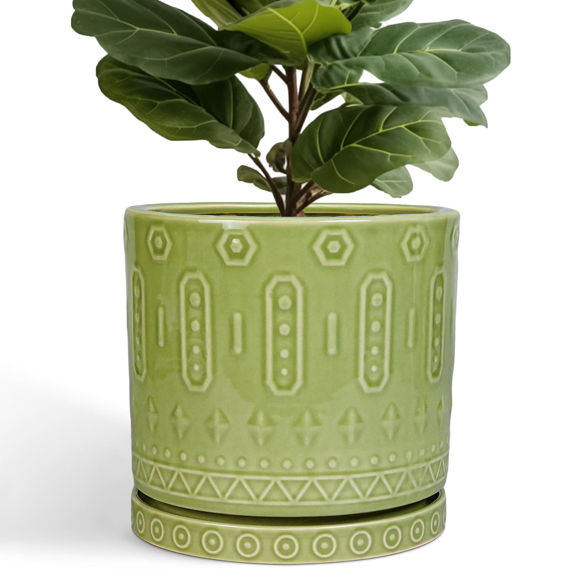 Eightpot Ceramic Planter - 12 Inch Pots for Plants Indoor Outdoor, Round Large Flower Pots with Drainage Hole and Saucer, Decorative Boho Planter, Home Office Decor, Plant Lover Gifts, Green
