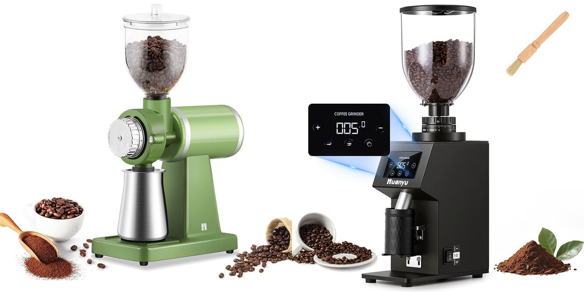 Huanyu Electric Coffee Bean Grinder 250G Automatic Burr Grinder Green and Huanyu Commercial Coffee Grinder with 64mm Flat Burr Anti-Flying Grounds Outlet 26oz Lotus Hopper Bundle