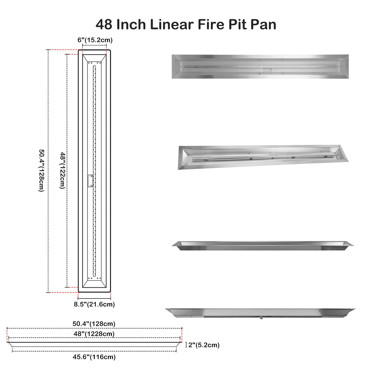 Stanbroil 48 x 6 Inch Linear Natural Gas Fire Pit Burner with Spark Ignition Kit, Stainless Steel Gas Fire Pit Kit Insert for DIY Fireplace, 91,000 BTU'S Max